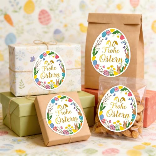 60 Stück Ostereier Aufkleber, Frohe Ostern Etiketten, Selbstklebend Hochwertige Ostersticker, Blumen Kranz Motive, für Osterkarte Umschlag Geschenke Basteln Osterdeko