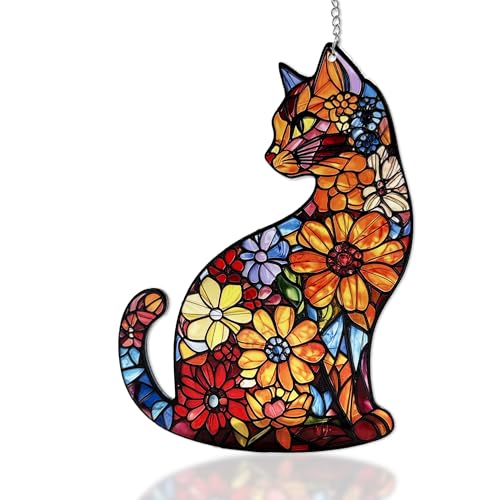 Cat Stained Glass Suncatcher Window Hanging Sun Catchers Indoor Window Suncatcher for Mom/Women (Black Cat)