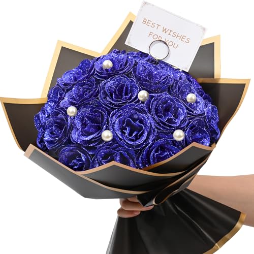Waipfaru Blue Glitter Roses Bouquet, DIY Fake Flowers Bouquet, Everlasting Shiny Artificial Rose Bouquet for Valentines, Anniversary, Engagement, Wedding, 24 Roses