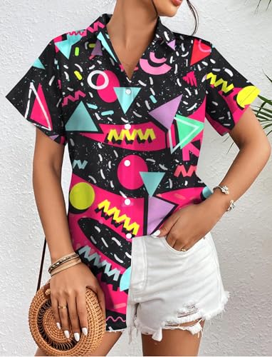 80s 90s Outfits Women 80s Neon Shirt Retro Theme Party Disco Shirt Hawaiian Button Down Short Sleeve Unisex Tops2