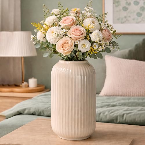 Image of Art Street Modern Ribbed Ceramic Flower Vase | Pearl White Decorative Boho Vase for Living Room, Bedroom & Office Dcor - (Flower not Included) 5x9 Inch