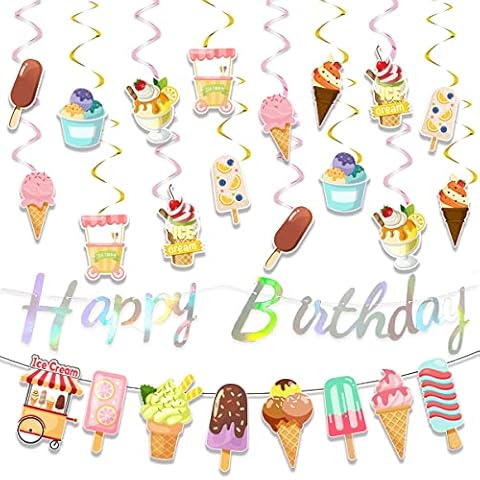 34pcs Ice Cream Birthday Decorations,Ice Cream Hanging Party Decorations,Ice Cream Party Banners,Summer Banner Decorations,Ice Cream Party Decorations for Girls and Kids,Summer Birthday Decorations Cover