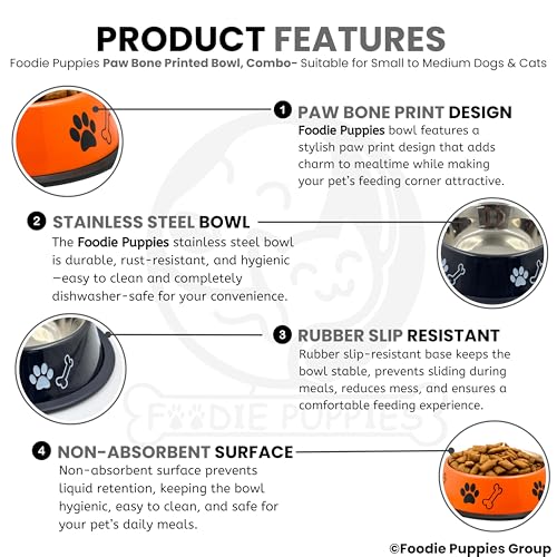 Image of Foodie Puppies Stainless Steel Dog Bowl Combo - (Medium, 700ml) Food and Water Feeding Gift Bowl | Suitable for Dogs, Cats and Other Pets I Paw Bone Print, Anti-Skid Rubber Base (Black + Orange)