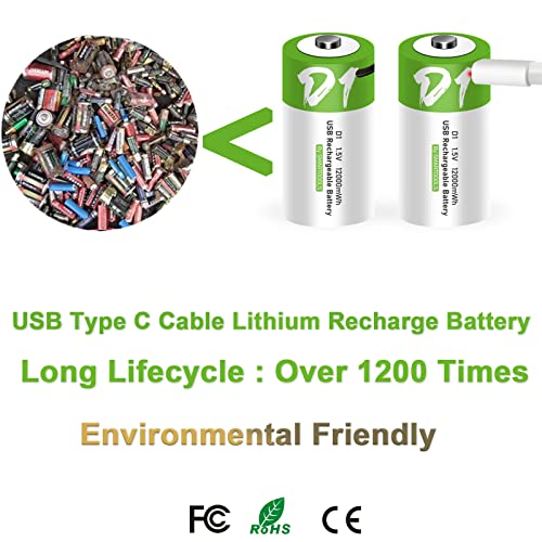 Camelcell 12000Mwh Lithium Ion Rechargeable D Battery 1200 Cycle Times Usb Type C Port 1.5V Constant Output,Type C Charger Fast Charging 4Hours,2Pack D Batteries+2 In 1 Type C Charger Cable #TOP5