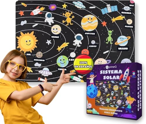 PrimerQ® Sistema Solar Español Figuras de Fieltro - Montessori Educativo - Material Didáctico En Español - Aprende los Planetas - Juguetes para Niños 3-8 Años - Certificados CE