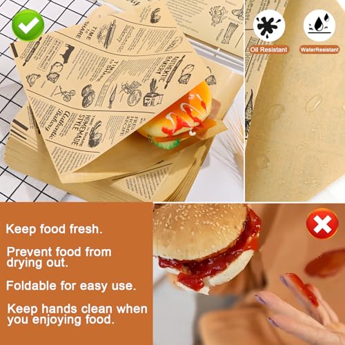 160 Stück Snacktaschen Pommes Papier, 15 x 15cm Deli Papierblätter Dickes Burger Papier, Alter Zeitungsdruckstil Sandwich Tüten, Wasserdicht Pommes Tüten für Sandwich Toast Pizza
