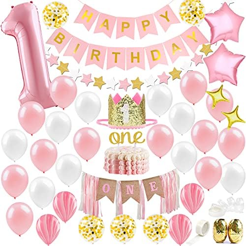 Baby Girl First Birthday Decorations - 1st Birthday Girl Decoration Pink Gold Party Supplies - Happy First Birthday Banner, Number 1 Balloon and Crown, Balloon Arch, High Chair Banner, ONE Cake Topper