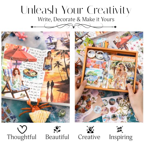 Image of The AutoStory Vintage Scrapbook Album Kit - A6 Junk Journal Notebook with Aesthetic Stickers, Collage Paper Pack & Washi Tape - DIY Journaling Supplies Gift for Teens & Girls (Island Holiday, Orange)