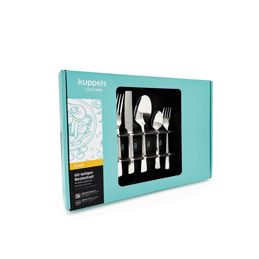 Kuppels Besteck-Set FLAIR 60-tlg, 12 Personen, Edelstahl, spülmaschinenfest | Wellenschliff-Messer, spülmaschinenfest, rostfrei, 13/0-Klingenstahl, zeitlos klassisches Besteck-Design
