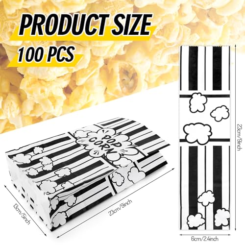 Image of Whaline 100Pcs Movie Night Paper Popcorn Bags 2Oz Black and White Stripe Flat Bottom Popcorn Container Grease Resistant Large Sleeve Popcorns Bucket Disposable for Retro Movie Themed Party Carnival