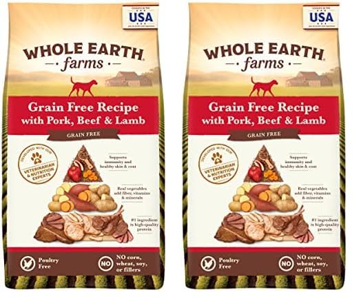 Whole Earth Farms Natural Grain Free Dry Kibble, Wholesome and Healthy Dog Food, Pork, Beef, and Lamb Recipe - 4 LB Bag
