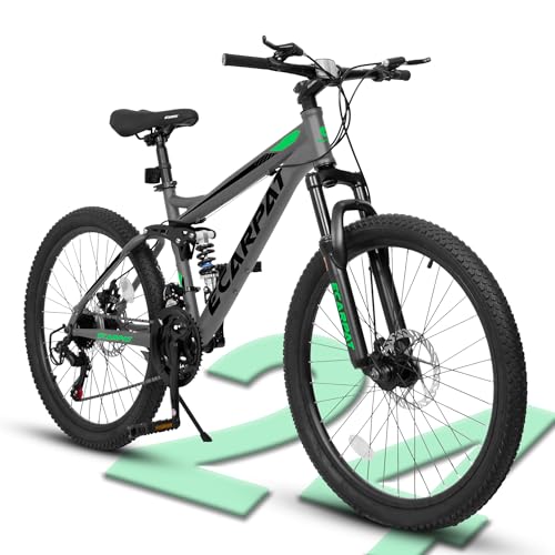 Ecarpat Full Dual Suspension 24 Inch Mountain Bike, 21-Speed Disc Brake, Front Fork Rear Shock Absorber Carbon Steel Frame Mountain Bike, Mens Womens Trail Commuter City Bicycles