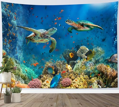 MEUNEAR Sea Turtle Tapestry for Bedroom Tropical Fish and Coral Reef in Blue Ocean Tapestry Wall Hanging Underwater World Nature Landscape Wall Art for Living Room Dorm Decor,40L X 60W inches