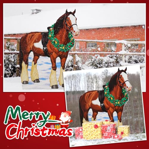 Image of Marsui 6.3 ft Christmas Clydesdale Horse Cardboard Cutout Stand up Life Size Christmas Clydesdale Party Decorations Farm Animals Photo Props for Horse Racing Party Decor Derby Theme Supplies