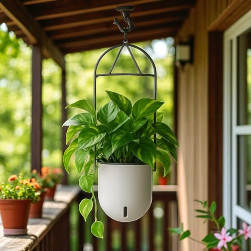 Image of Indian Discovery Self Watering Ceiling Hanging Planter|Hanging /Hooked Flower Pots for Home, Balcony, Vertical Garden Decor Flower Pots(1 PC,White, Sphere)|6 Inch UV-Resistant Plastic Plant Pots