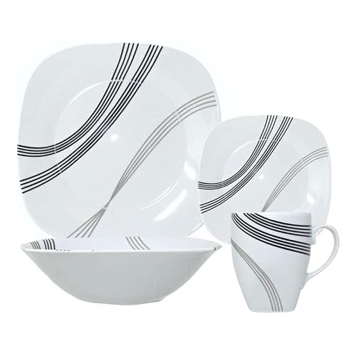 Reldor 16-Piece Square Porcelain Dinner Set for 4 – 4 Dinner Plates, 4 Side Plates, 4 Bowls, 4 Mugs, Microwave/Dishwasher Safe, Highly Resistant, Ideal for Daily Use and Gifting–Black Grey Stripe