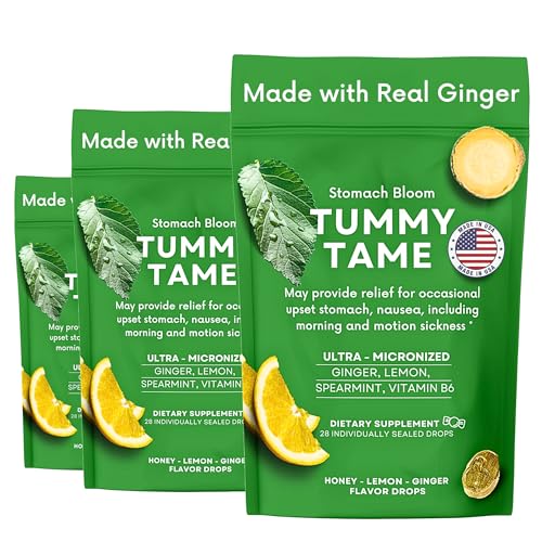 Image of Tummy Tame Drops - 3X Better Absorption | Herbal Relief for Occasional Indigestion, Bloating, Gas, Nausea, Upset Stomach | Ginger, Lemon, Spearmint & B6. Individual Drops, (Pack of 3)