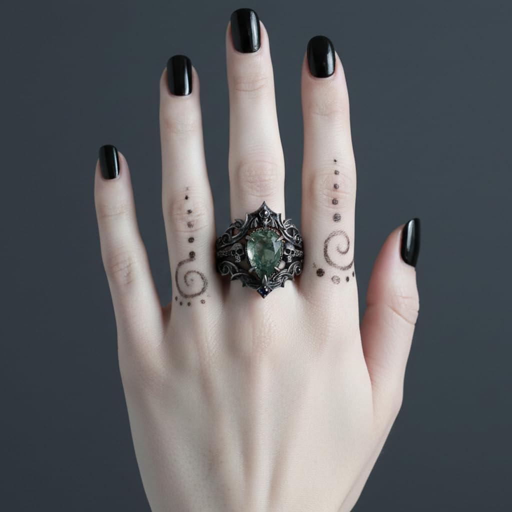 Moss Agate Gothic Promise Ring Women Set 925 Sterling Silver/10K/14K Gold Moss Agatg Engagemen Rings Set Stacking Pear Cut Gemstone