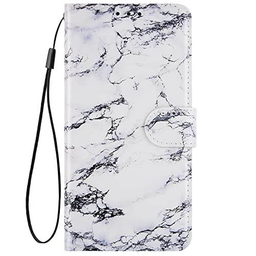 Hpory Kompatibel mit iPhone XR Hülle, Handyhülle iPhone XR Foto Muster PU Leder Klapphülle mit Handschlaufe Standfunktion Geldbörse Wallet Case Flip Cover Schutzhülle Handytasche - Marmor Weiß Cover