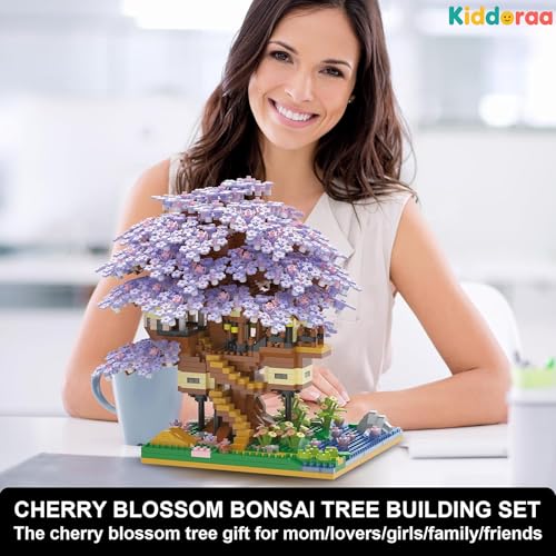 Image of Cherry Blossom Tree House Micro Blocks Set, 2229+ PCS Japanese Sakura Bonsai Treehouse STEM Toys with Purple Flowers for Adults & Kids | 1 Year Manufacturing Warranty