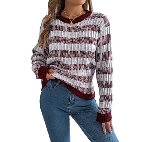 TYHOTULY Fall Winter Sweater for Women Oversized Striped Color Block Long Sleeve Knit Pullover Tops Vintage Aesthetic Clothes (Burgundy,X-Large)