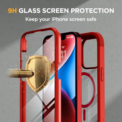 Image of Miracase Magnetic for iPhone 14 Case 6.1 inch, [Built-in Tempered Glass Screen Protector + Lens Protector] [Compatible with MagSafe] Full-Body Protective Bumper 14 Phone Cover, Red
