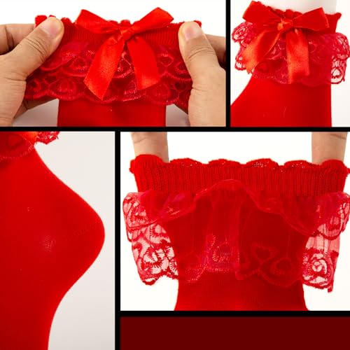 3 Pairs Women Ruffle Socks Adult Double Lace Frilly Sock with Bow Back,Size 9-113