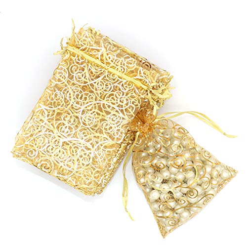 Image of Staruby Organza Gift Bags 100Pcs Gold Sheer Organza Bag 4x6 Inch Mesh Favor Bags Drawstring Jewelry Rattan Printed Gift Pouches for Wedding Party Favors Couple Shower Christmas Gifts Candy Bags