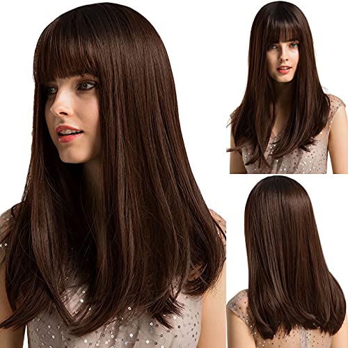 TopWigy Dark Brown Wig with Bangs Brunette Wig with Dark Roots Synthetic Long Straight Wigs for Women Daily Halloween Cosplay Party Use, 20 Inches