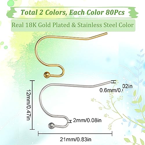 SUNNYCLUE 1 Box 160Pcs Stainless Steel Earring Hooks Real 18K Gold Plated Fish Hook Earring Wires Hypoallergenic Ear Wires French Hooks Earring Components Findings for jewellery Making Replacement Kit - Image 2