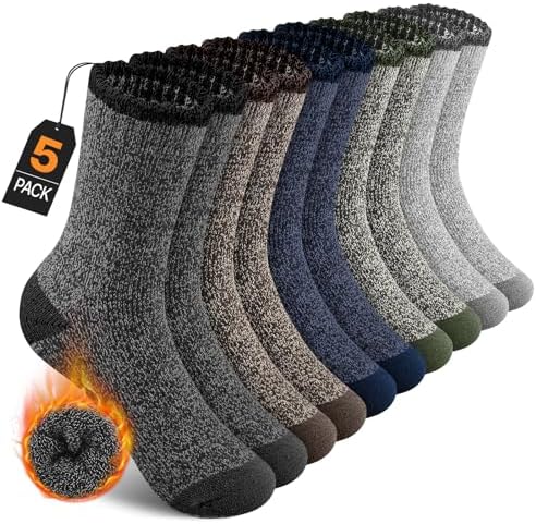 UUMIAER 5 Pairs Merino Wool Socks for Men, Thermal Wool Hiking Socks Supper Thick Winter Crew Socks (US Size 7-13)
