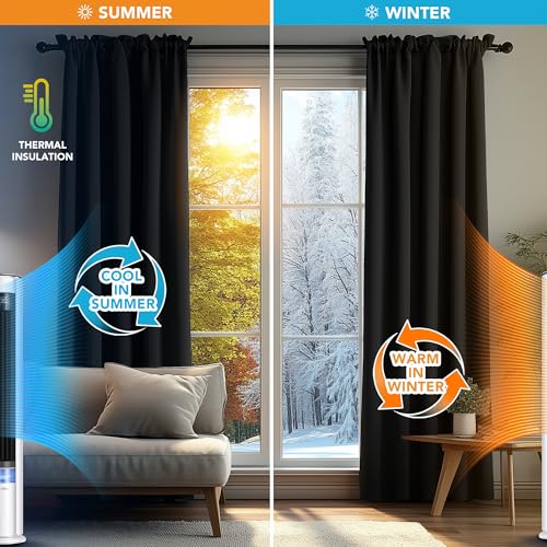 Image of Deconovo Blackout Curtain Room Darkening Thermal Insulated Curtains Rod Pocket Window Curtain for Bedroom Black 38 x 45 Inch 2 Panels