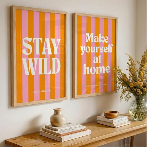 Image of Suneree Stay Wild Make Yourself At Home Wall Art Set of 2 Framed Paintings | Orange Pink Retro Typography Poster | Bedroom Living Room Home Decor (Art 8, 13x19 Inches)