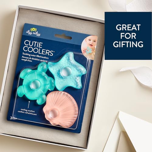 Image of Itzy Ritzy Water-Filled Teethers - Cold Cutie Coolers Textured On Both Sides to Massage Sore Gums & Emerging Teeth - Can Be Chilled in Refrigerator, Set of 3 Seaside Water Teethers