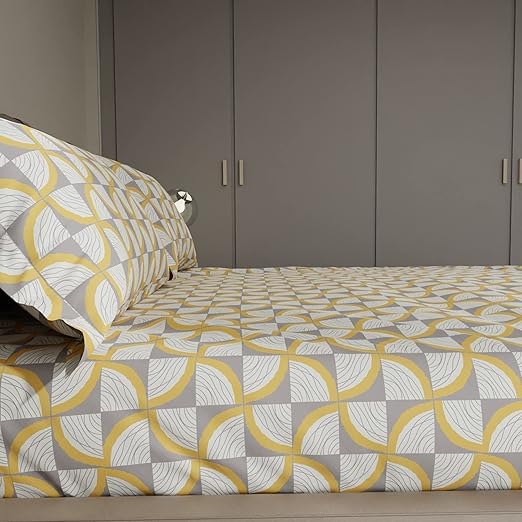 Image of 300 TC Cotton Feel Glace Cotton Elastic Fitted Geometric Bedsheet King Size Double Bed With 2 Pillow Covers (78 inch X 72 inch Inches (King Size), Yellow Slice)