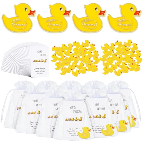 Fuutreo 100 Set Yellow Duck Brooches with You're Awesome Cheer Card Duck Pins for Employee Appreciation Gift (Yellow)