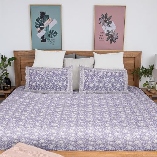 Image of ShamaBlue Premium Hand Block Printed Bedsheet | Bed Sheet Flatsheet | Pure Cotton | Double Bed King Size 108 inchx108 inch | 300 TC Bedsheets | Includes 2 Pillow Covers | Floral Design