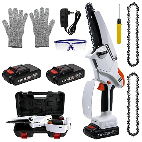 Mini Chainsaw, 6 Inch Cordless Electric Chainsaw 2.7lb Lightweight Handheld Wood Cutter with 2 Batteries/ 1 Goggle/1 Pair of Gloves for Branch Cutting Garden Tree Trimming Cover
