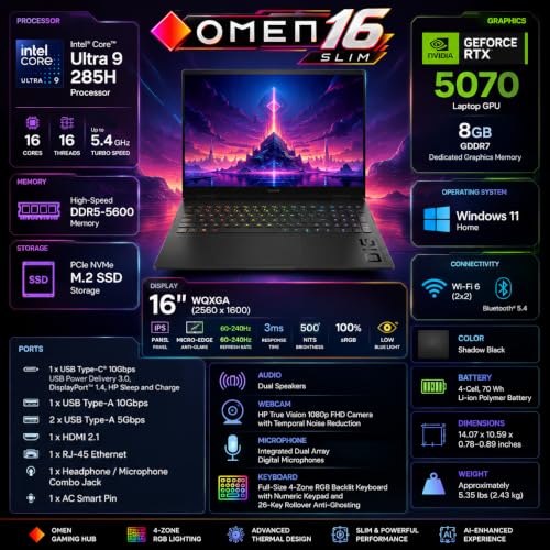Image of HP OMEN Slim 16 Gaming Laptop, 16 inch WQXGA 240Hz IPS Display, Intel Core Ultra 9 285H, NVIDIA GeForce RTX 5070 8GB, 16GB DDR5 RAM, 1TB SSD + 500GB External, 4-Zone RGB Backlit Keyboard, Windows 11 Home