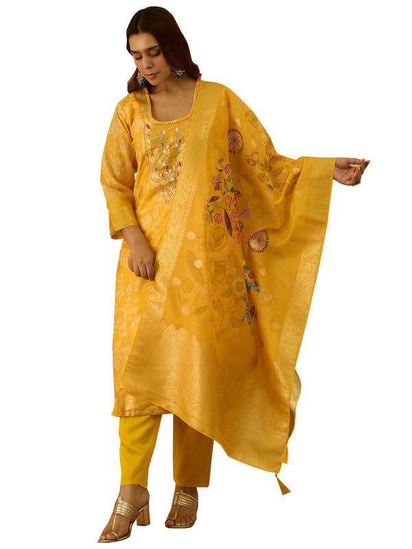 Image of VredeVogel Women's Embroidered Chanderi Silk Jacquard Straight Kurta Pant Set with Dupatta | Perfect for Festive & Casual Ethnic Wear Kurta Set