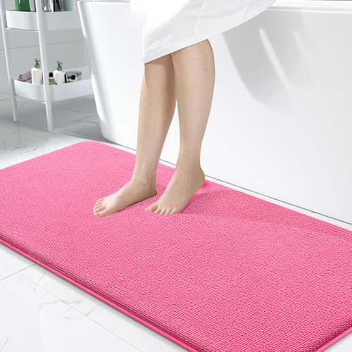 Image of OLANLY Thick Memory Foam Bathroom Runner Rugs 47x24, Extra Soft Absorbent Long Bath Rug, Quick Dry, Non-Slip, Machine Washable Bath Mats for Bathroom, Tub and Shower, Home Decor Accessories, Hot Pink