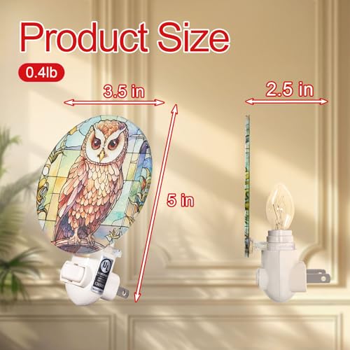 Image of Owl Night Light - Stained Glass Styled Plug-in Wall Light for Vertical Outlets - Real Glass, Warm Glow for Bedroom, Bathroom, Hallway - Cottagecore