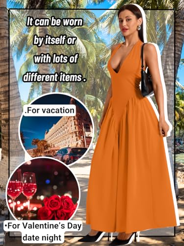 Image of ChiaoLezhee Deep V Neck Dress, Halter Maxi Dresses, Vacation Date Night, Sexy for Women Corset Flowy Wedding Guest Drop Waist