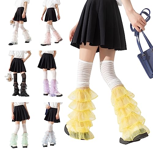 Women Girls Lace Thigh High Leg Warmers Japanese Loose Sheer Mesh Leg Princesses Frilly Boot Socks Yellow2