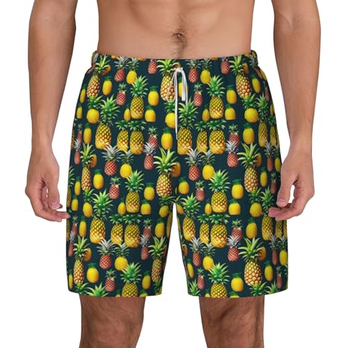 Tropical Fruits Pineapple Print Mens Swim Shorts Trunks Inseam Compression Liner Quick Dry Zipper Pocket