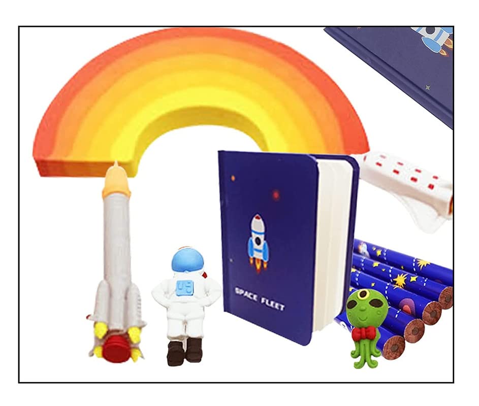 Image of Crackles Space Theme Design Stationery Writing Set for Kids (5 Pencils, 5 Different Shapes Erasers, 1 Notebook, 1 Sharpener)