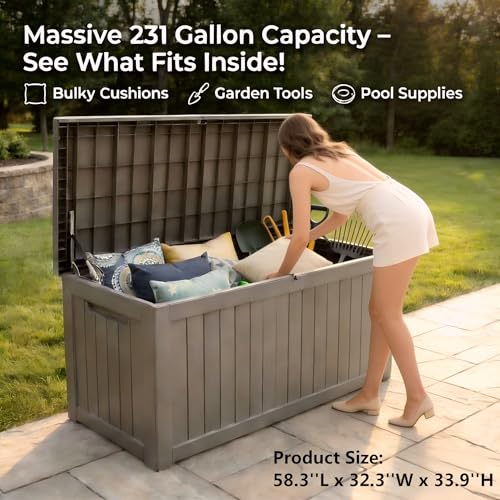 Image of Large 231 Gallon Resin Deck Box, Heavy Duty Lockable Patio Storage Box Outdoor, Waterproof Tool Box for Garden Furniture Cushions & Pool Supplies, Wood Grain Outdoor Storage Bench for Backyard