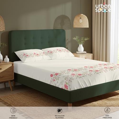 Image of Urban Space Serene 100% Cotton Bedsheet for Double Bed, Floral Queen Size Bed Sheet with 2 Pillow Covers (88 x 100 Inches, Poppy Bloom)