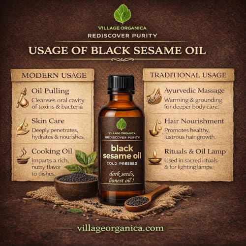Image of Village-Organica Black Sesame Seed Oil | Cold Pressed Oil | Gingelly Oil | For Body | For Hair | For Cooking (100ml)| Amber Glass bottle |