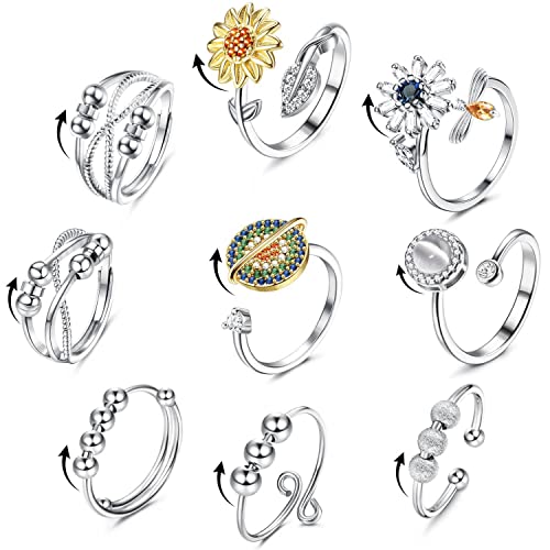 Adramata 9Pcs Fidget Rings for Anxiety for Women Dainty Bead Fidget Ring Open Adjustable Moonstone Fidget Ring Sunflower Fidget Ring Colorful CZ Fidget Ring for Anxiety Relief Ring